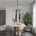 Modern Dining Table Set With Beige Chairs Hanging Lamp Wall Art And Green Plants