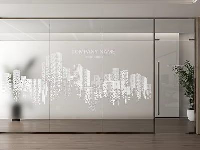 Modern Office Glass Partition With City Skyline Pattern And Company Name Text 3d model