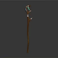 Enchanted Wooden Staff Weapon with Forked Top Green Glowing Gem and White Bindings