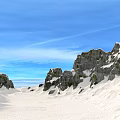 Snow Covered Mountain Landscape With Rocky Cliffs Green Vegetation And Blue Sky