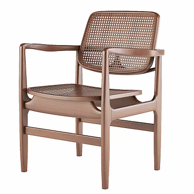 Modern Wooden Single Chair With Woven Backrest And Armrests Minimalist Design 3d model