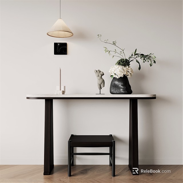 Minimalist Wooden Desk with White Flower Vase Ceramic Figurine Candles and Wall Lamp 3d model 