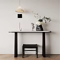 Minimalist Wooden Desk with White Flower Vase Ceramic Figurine Candles and Wall Lamp