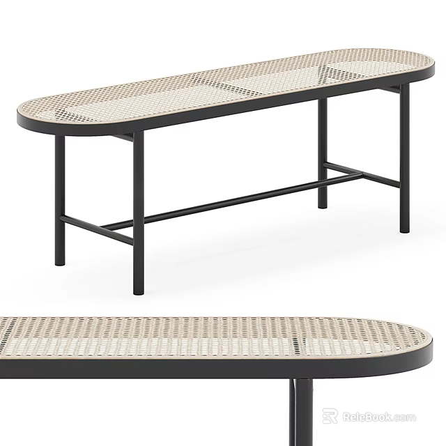 Modern Oval Public Bench With Black Metal Frame And Woven Seat Surface 3d model 
