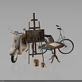 Blue Bicycle In Creative Setup With Easel Art Supplies And Small Table