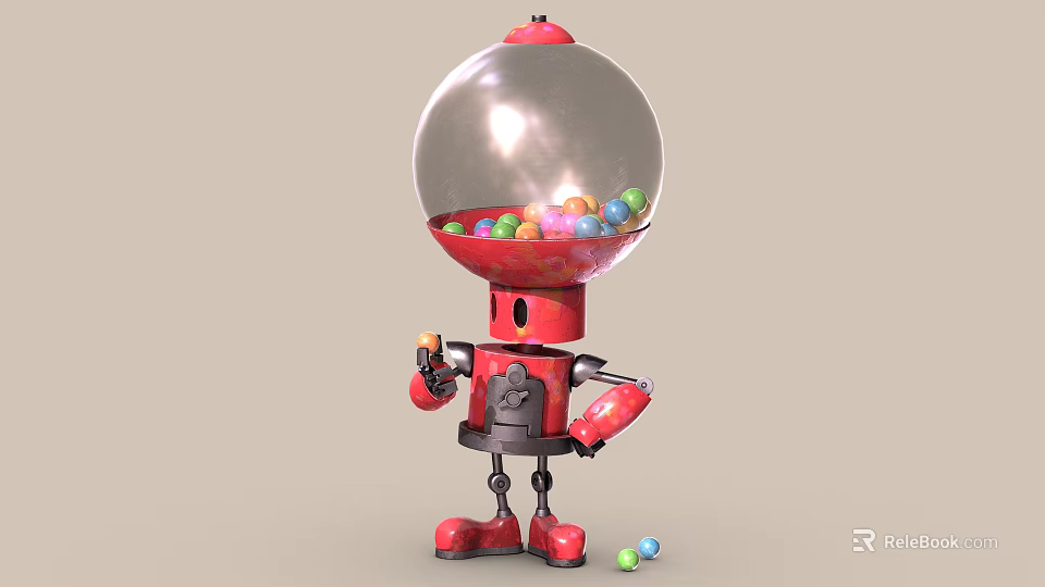 Game Movie Red Robot Character With Transparent Spherical Top Holding Colorful Gumballs and Dropped Candies 3d model 
