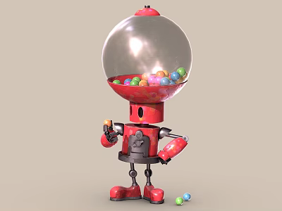 Game Movie Red Robot Character With Transparent Spherical Top Holding Colorful Gumballs and Dropped Candies 3d model