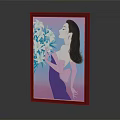 Elegant Woman Portrait Painting With White Flowers On Pink Blue Gradient Background And Black Frame