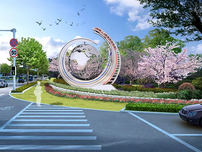 Circular Globe Ring Sculpture With Cherry Blossom Trees Lawn Flower Beds And Street Scene 3d model