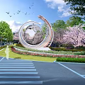 Circular Globe Ring Sculpture With Cherry Blossom Trees Lawn Flower Beds And Street Scene