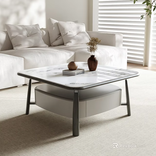 Modern Marble Top Coffee Table With Upholstered Storage Base And White Sofa 3d model
