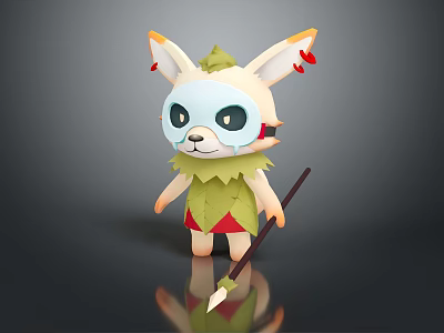 Adorable Fantasy Game Character With Big Ears Mask Leaf Outfit And Stick 3d model