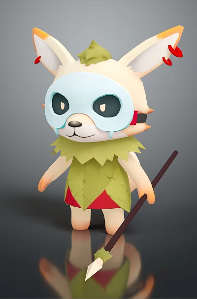 Adorable Fantasy Game Character With Big Ears Mask Leaf Outfit And Stick 3d model