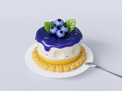 Delicious Blueberry Cake With Purple Frosting Green Leaves And Cookie Border On White Plate 3d model
