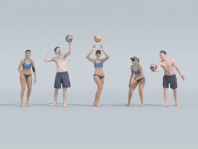 Group of People Playing Beach Volleyball in Swimwear Holding Balls Together 3d model