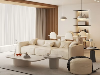 Modern Living and Dining Room Interior With Beige Sofa Round Coffee Table And Pendant Lights 3d model