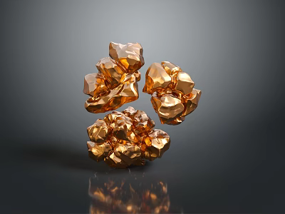Golden Irregular Stone And Wood Pieces With Glossy Surface And Dark Background Reflections 3d model