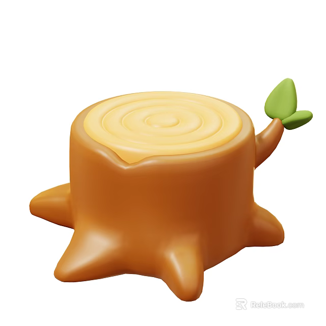 Tree Stump Shaped Decorative Ornament With Annual Ring Design And Green Leaf 3d model