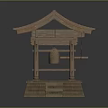 Cartoon Scene Of Japanese Style Wooden Pavilion With Tile Roof Steps And Copper Bell