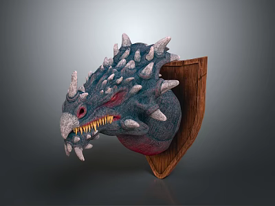 Fierce Blue Dragon Head Mounted On Wooden Shield With Sharp Spikes And Red Eyes 3d model