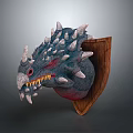 Fierce Blue Dragon Head Mounted On Wooden Shield With Sharp Spikes And Red Eyes
