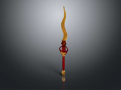 Curved Golden Blade Weapon With Red Handle And Intricate Golden Decorative Patterns 3d model