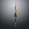 Curved Golden Blade Weapon With Red Handle And Intricate Golden Decorative Patterns