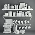 Organized Modern Kitchenware Display On Shelves With Hanging Mugs Jars And Coffee Machine