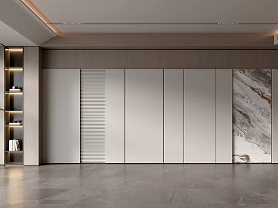 Modern TV Background Wall Design With Wooden Panels And Natural Stone Accent Finish 3d model