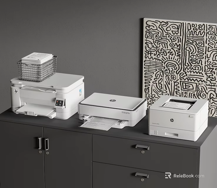 White Modern Office Appliances Placed On Gray Cabinet With Abstract Artwork 3d model 