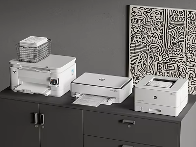 White Modern Office Appliances Placed On Gray Cabinet With Abstract Artwork 3d model