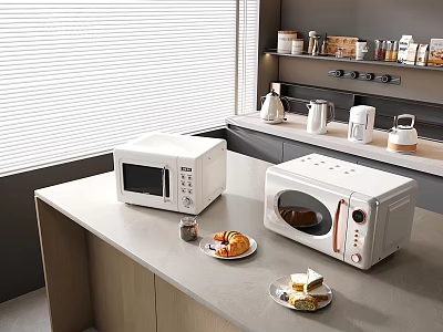 Modern Kitchen Countertop With White Microwave Toaster Oven And Sandwiches Croissants 3d model