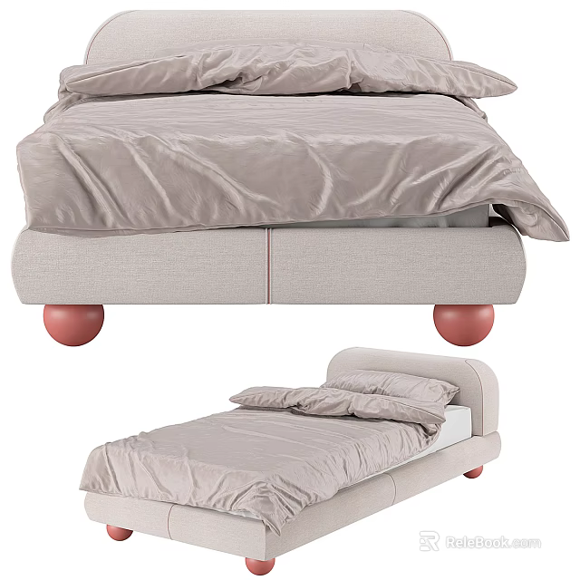 Modern Cozy Kids Bed With Beige Frame Light Gray Bedding And Pink Legs 3d model 
