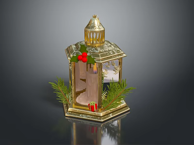 Decorative Golden Lantern with Metal Frame Christmas Pine Branches Red Berries Gift Box and Candle 3d model