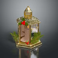 Decorative Golden Lantern with Metal Frame Christmas Pine Branches Red Berries Gift Box and Candle