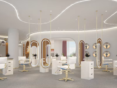 Modern Hair Salon Interior Design With Styling Stations White Mirrors And Lighting 3d model