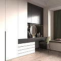 Modern White and Black Wardrobe With Dressing Table Area Round Mirror Green Chair and Drawers