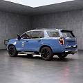 Blue Police SUV With Black Wheels Front Guard And Badge In Gray Indoor Space
