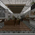 Elegant Restaurant Interior With Brown Sofa Seats Patterned Tile Floor Pendant Lights And Wall Art