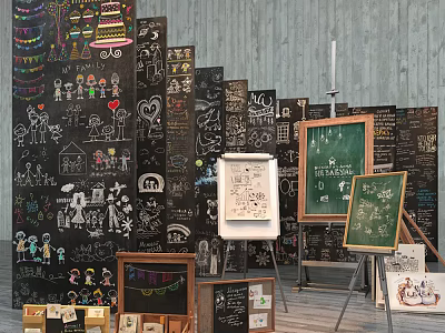 Colorful Musical Instruments and Art Supplies on Display with Blackboards Easels and Hand-drawn Illustrations 3d model
