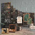 Colorful Musical Instruments and Art Supplies on Display with Blackboards Easels and Hand-drawn Illustrations