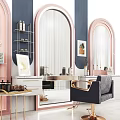 Modern Beauty Salon Interior With Pink Arched Mirrors And Styling Stations
