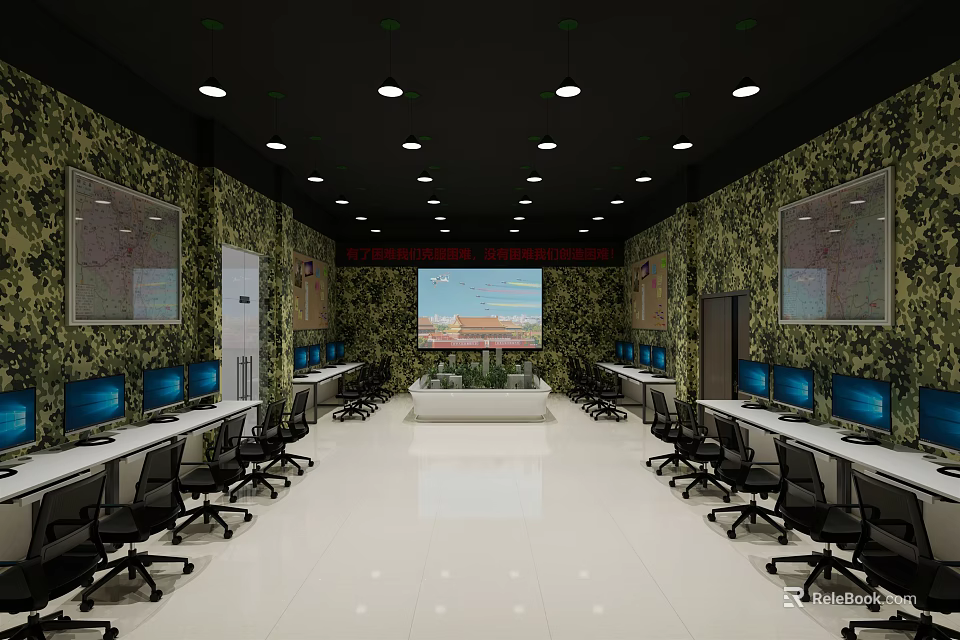 Modern Monitoring Control Room With Multiple Screens Computers Desks And Wall Maps 3d model 