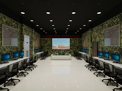 Modern Monitoring Control Room With Multiple Screens Computers Desks And Wall Maps 3d model