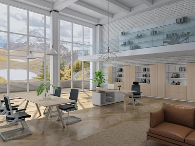 Spacious Bright Office With Large Windows Wooden Floors Desks Office Chairs And Green Plants 3d model
