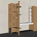 Pet Shop Interior Featuring Wooden Cat Tree Circular Holes Cabinet Open Shelves White Countertop