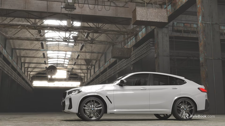 Sporty White SUV In Industrial Factory Space With High Ceilings Metal Beams And Natural Light 3d model 