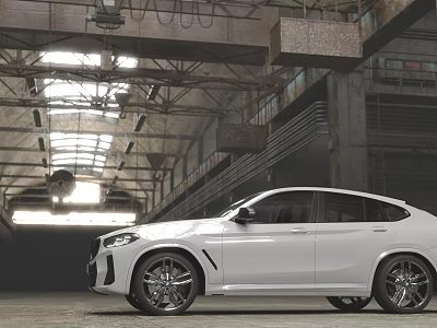 Sporty White SUV In Industrial Factory Space With High Ceilings Metal Beams And Natural Light 3d model