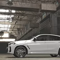 Sporty White SUV In Industrial Factory Space With High Ceilings Metal Beams And Natural Light