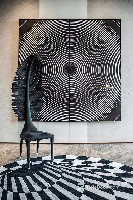 Modern Stylish Single Black Chair in Contemporary Interior with Abstract Monochrome Circular Wall Art 3d model 